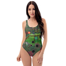 Load image into Gallery viewer, "Particles in Motion" One-Piece Swimsuit – Artistic Swimwear Featuring David Heatwole's Visionary Art