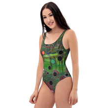 Load image into Gallery viewer, "Particles in Motion" One-Piece Swimsuit – Artistic Swimwear Featuring David Heatwole's Visionary Art