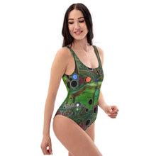 Load image into Gallery viewer, "Particles in Motion" One-Piece Swimsuit – Artistic Swimwear Featuring David Heatwole's Visionary Art